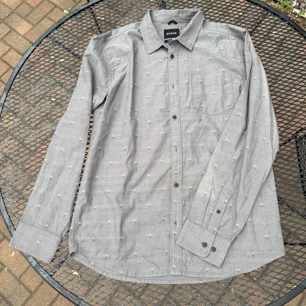 Prana Mens Large Gray Button Down Shirt Organic Cotton Casual Everyday